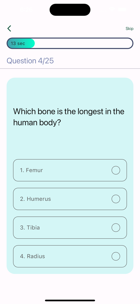 Human Anatomy And Body Parts - A screen from the Human Anatomy and Body Parts app showing a multiple choice quiz question about the longest bone in the human body.