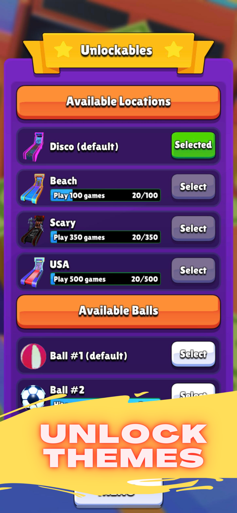 Arcade Bowling Money Games 3D - Unlockable locations and balls menu in Arcade Bowling Money Games 3D