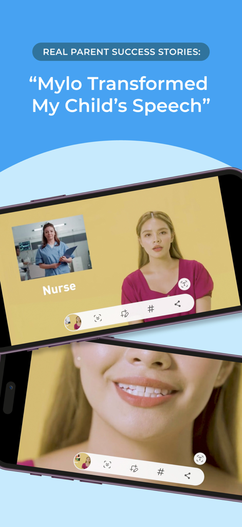 Mylo - Speech Therapy Support - A parent testimonial for Mylo speech therapy app featuring video modeling of speech articulation and vocabulary learning.