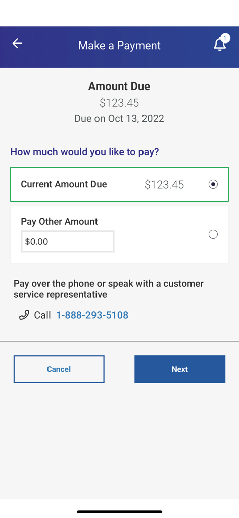 Make a payment screen on the National General insurance app showing amount due and payment options