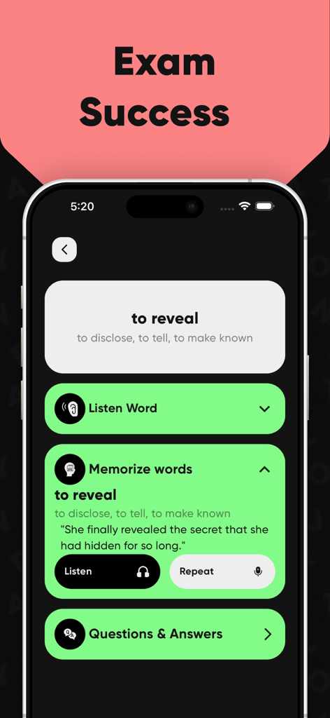 TOFEL Test Preparation - モバイルアプリのインターフェース。TOEFL対策のために、定義と例文とともに単語「to reveal」の学習が表示されています。