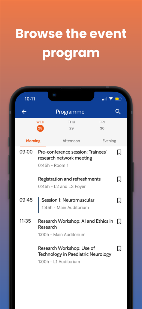 BPNA app interface showing a daily schedule for a pediatric neurology conference
