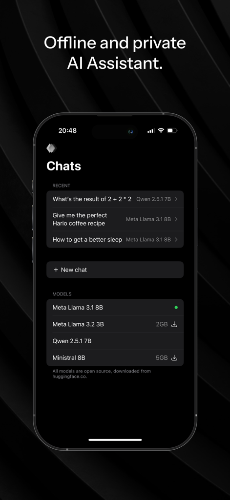 Local Brain - Local Brain app interface showing recent chats and local AI model selection including Llama and Qwen