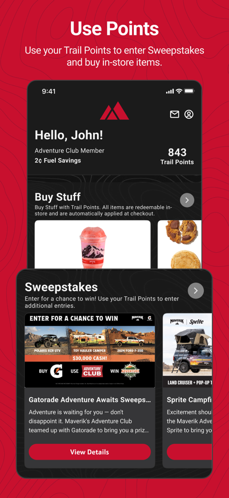 Maverik Rewards - Maverik Rewards app interface showing trail points balance and available sweepstakes prizes