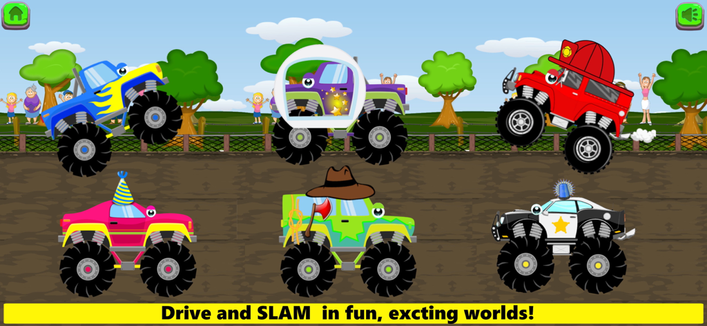 Monster Truck Games! Go Racing - A variety of colorful cartoon monster trucks including fire truck and police themes on a racing track