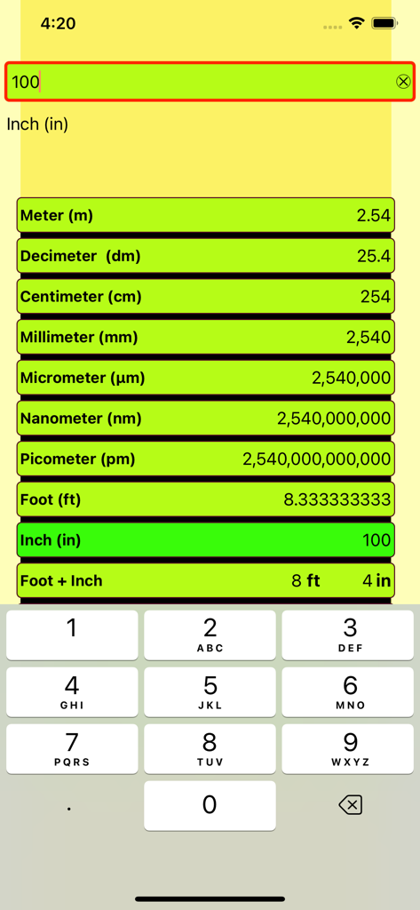 Length Conversion - Oberfläche der Längenkonvertierungs-App, die 100 Zoll in verschiedene metrische und imperiale Einheiten, einschließlich Fuß und Zoll, umrechnet