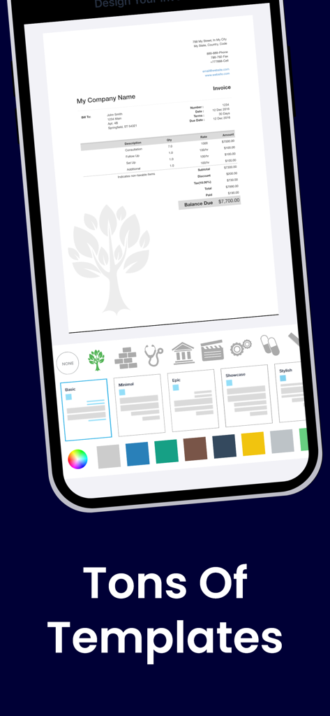 Interface of the Invoice Maker app displaying various customizable professional invoice templates and design options