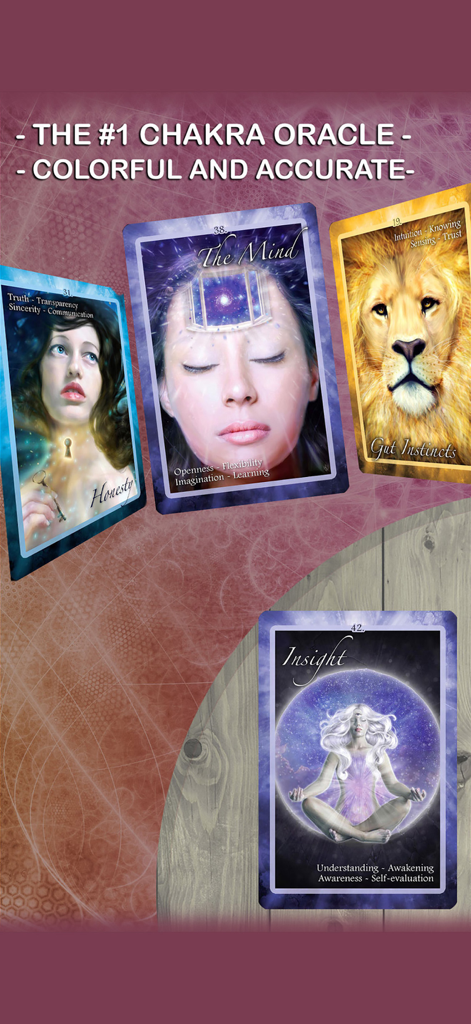 Chakra Insight Oracle - Four artistic cards from the Chakra Insight Oracle app representing honesty, mind, gut instincts, and insight