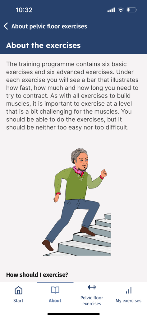 Écran de l'application Tät-m décrivant les niveaux d'entraînement du plancher pelvien avec une illustration d'un homme montant des escaliers.