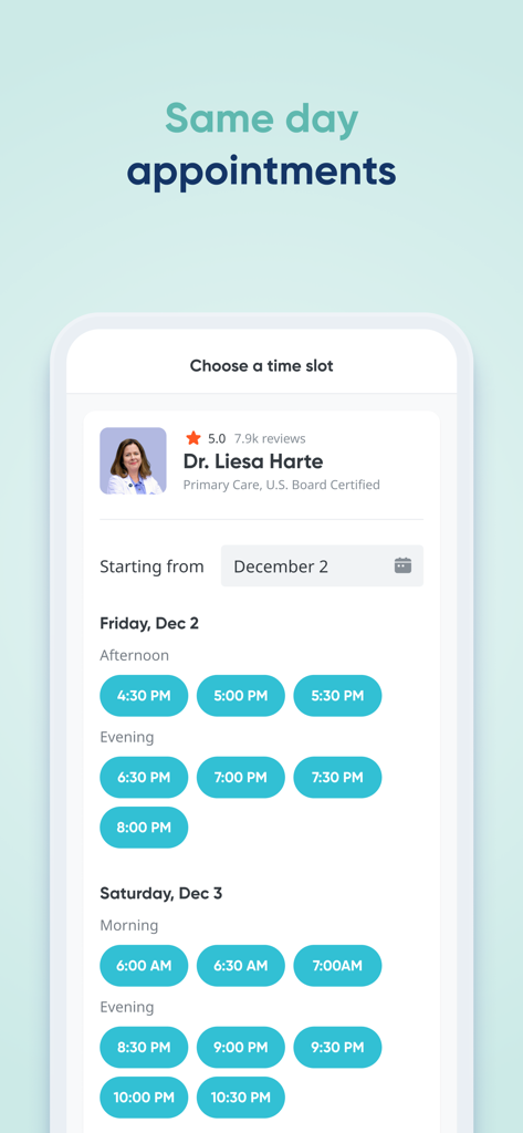 HealthTap Primary Care Doctors - Interfaz de la aplicación móvil que muestra los horarios disponibles para citas médicas el mismo día
