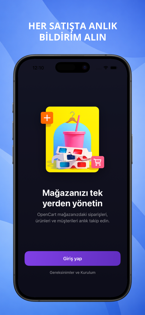 OpenCart Admin - Écran d'accueil de l'application mobile OpenCart Admin montrant les fonctionnalités de gestion e-commerce.