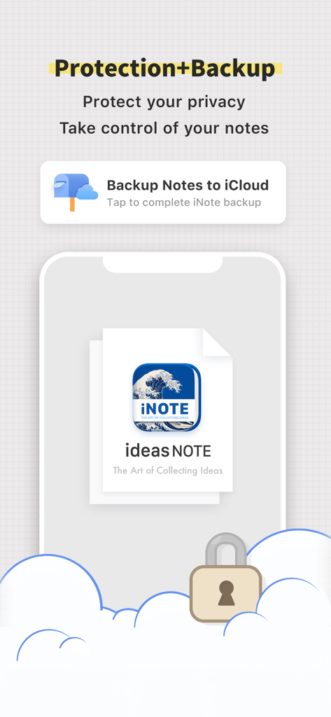 iNote app feature showing iCloud backup and privacy protection