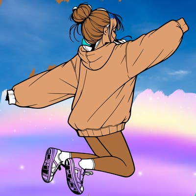 realistic girl jumping with a bun and oversized sweatshirt