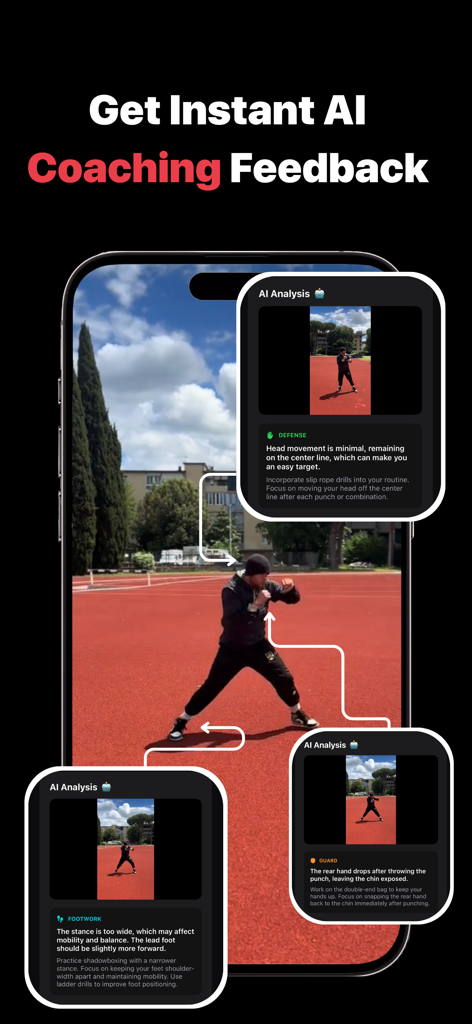 Boxer AI - Interfaz de la aplicación Boxer AI que muestra retroalimentación de entrenamiento en tiempo real y análisis técnico para entrenamiento de boxeo