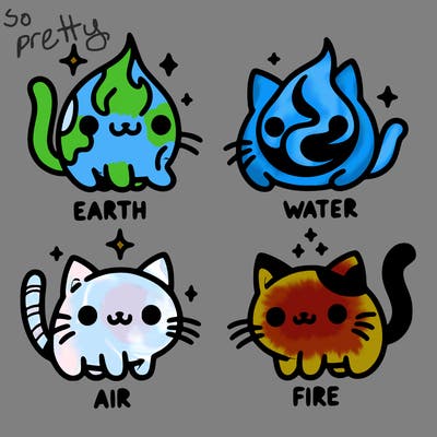 4 cats that represent the different elements, earth, water, air, and fire