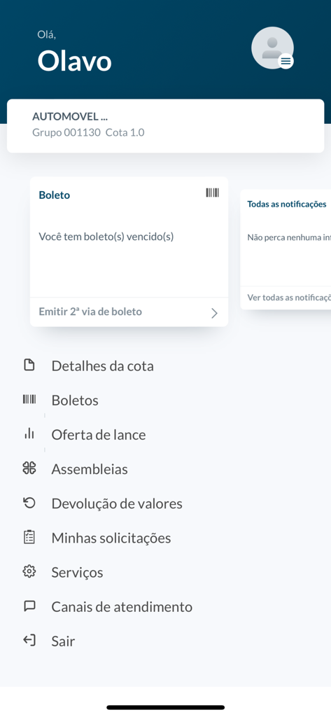Screenshot of the CNVW app home screen showing a user profile and menu options for managing a Volkswagen consortium account