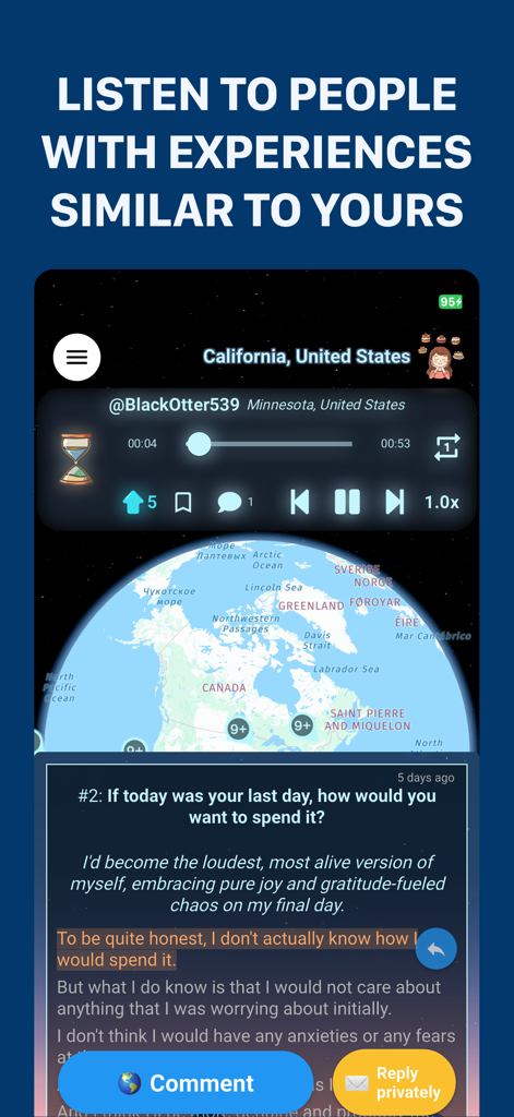 Bubblic: Connect with people. - Pantalla de la aplicación Bubblic que muestra una interfaz de reproducción de cartas de voz con un mapa del mundo y una indicación de conversación profunda sobre la vida.