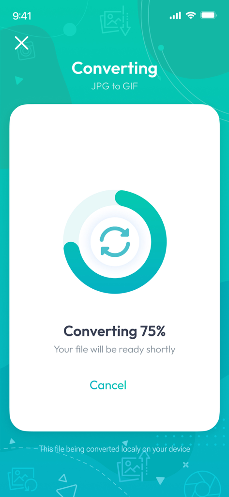 Image Converter JPEG PNG HEIC - Una pantalla de smartphone que muestra el progreso de una imagen que se está convirtiendo de JPG a formato GIF.