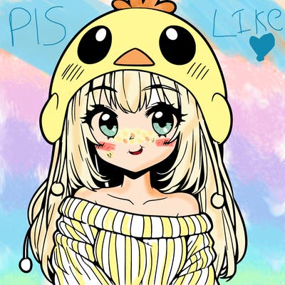 anime girl with chick shaped hat with sweater with bare shoulders with bangs covering them one eye with low tail