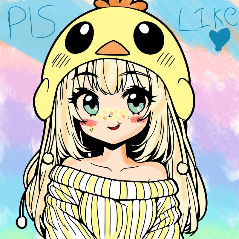 anime girl with chick shaped hat with sweater with bare shoulders with bangs covering them one eye with low tail