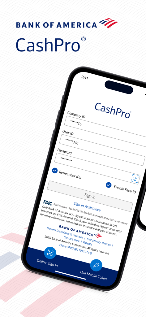 CashPro - Login screen of the Bank of America CashPro mobile app showing fields for company ID and user ID with biometric sign in options