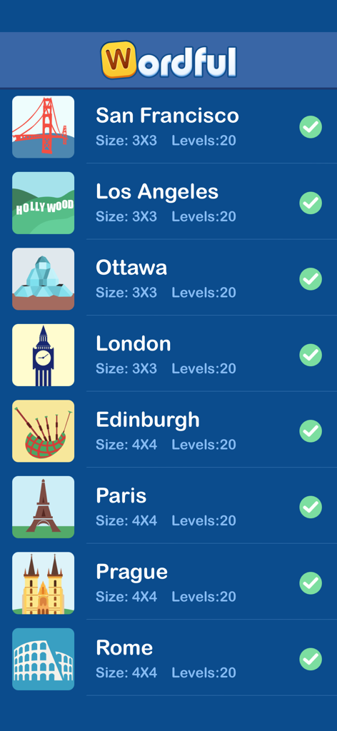 Level selection screen in the Wordful app featuring city themed word search puzzles