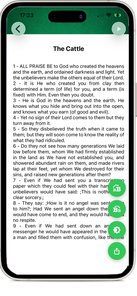 Holy Quran - القران الكريم - A smartphone screen displaying the English translation of the Holy Quran chapter titled The Cattle.