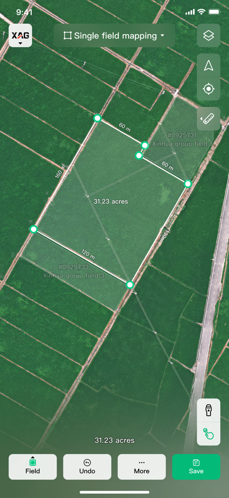 Interface of the XAG One app showing precise digital mapping of a crop field with acreage calculations.