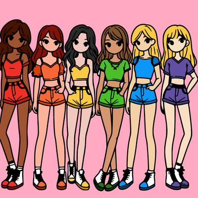 a group of girls wearing crop tops and shorts
