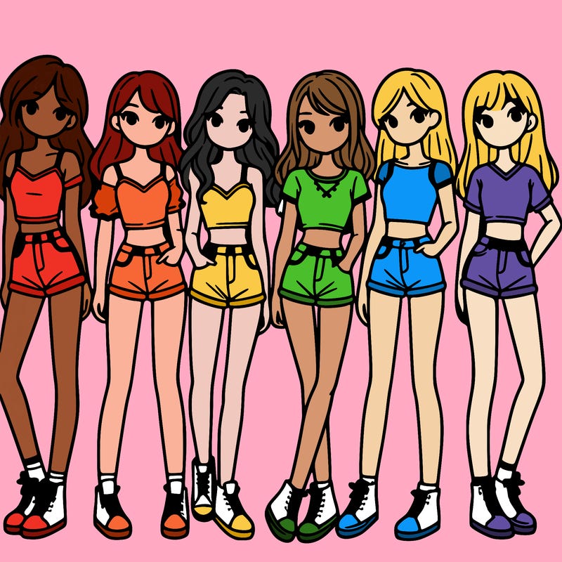 a group of girls wearing crop tops and shorts