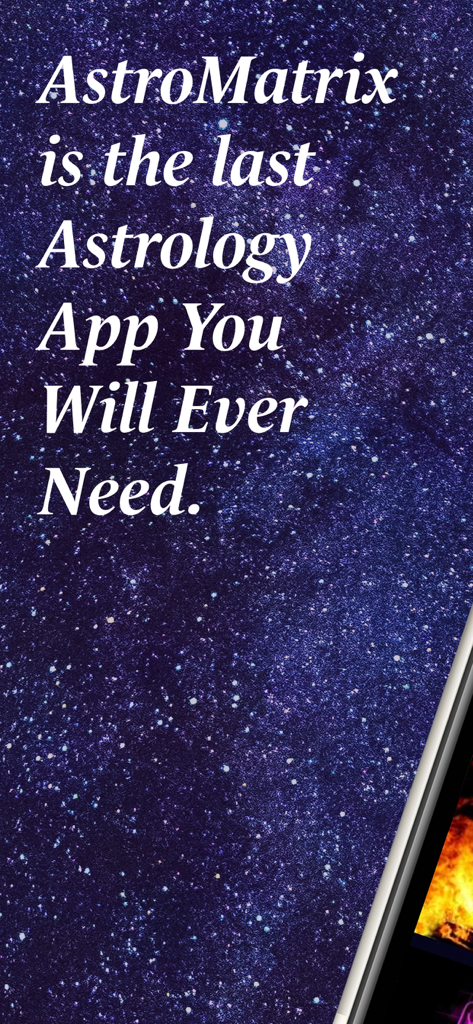Introductory screen for Astromatrix horoscopes app featuring a starry night background and promotional text