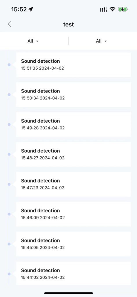 Linklemo - Linklemo app interface showing a timeline of sound detection alerts from a smart camera