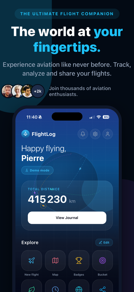 FlightLog – Flight Logbook - Dashboard der FlightLog-App, das die insgesamt geflogene Distanz und Flugverfolgungsfunktionen anzeigt