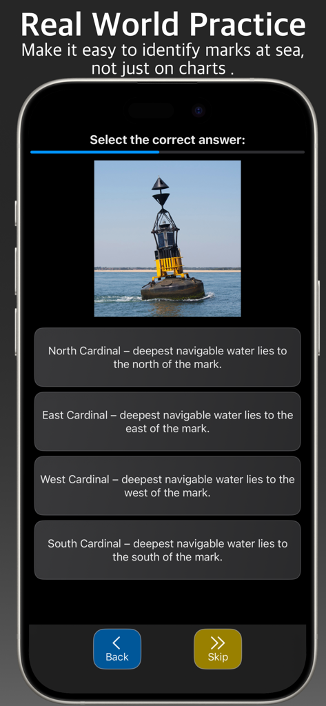Quiz screen in Master-Nav app showing a real world maritime buoy for identification