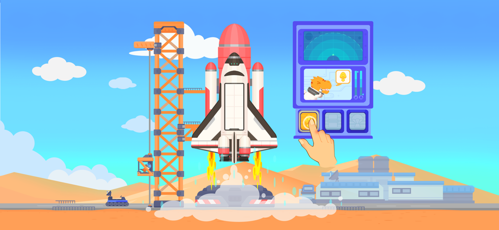 Dinosaur Rocket Games for kids - Dinosaur astronaut launching a space rocket in an educational game for kids