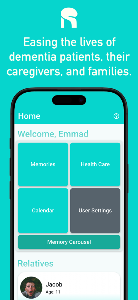 Recollect - Dementia Care - Recollect Demenzpflege-App Startbildschirm mit Dashboard-Kacheln für Erinnerungen, Gesundheitswesen, Kalender und Memory Carousel