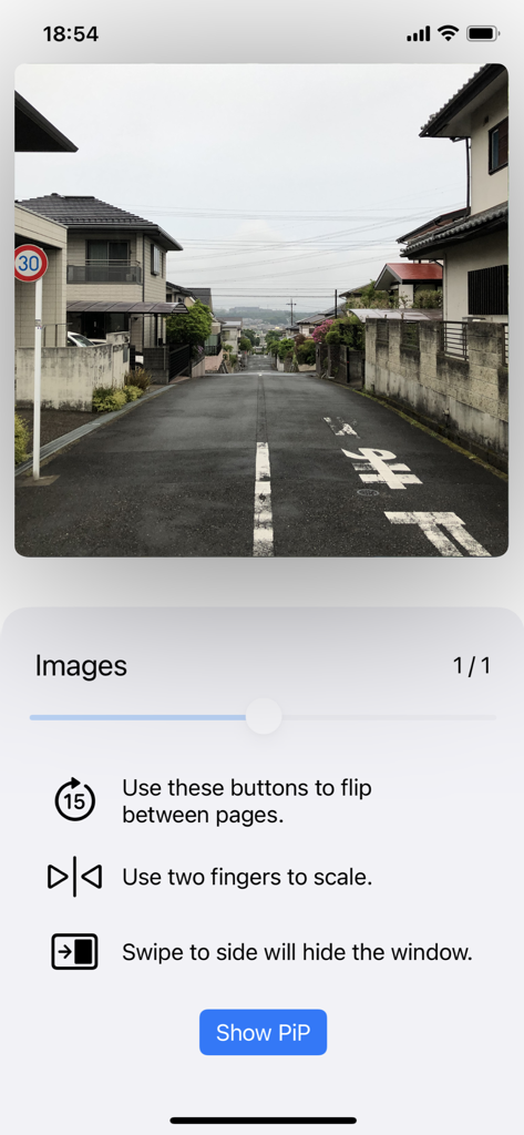 Magic PiP - Interface do aplicativo Magic PiP mostrando uma prévia de imagem com instruções para dimensionamento e gestos de deslizar para gerenciar janelas Picture-in-Picture