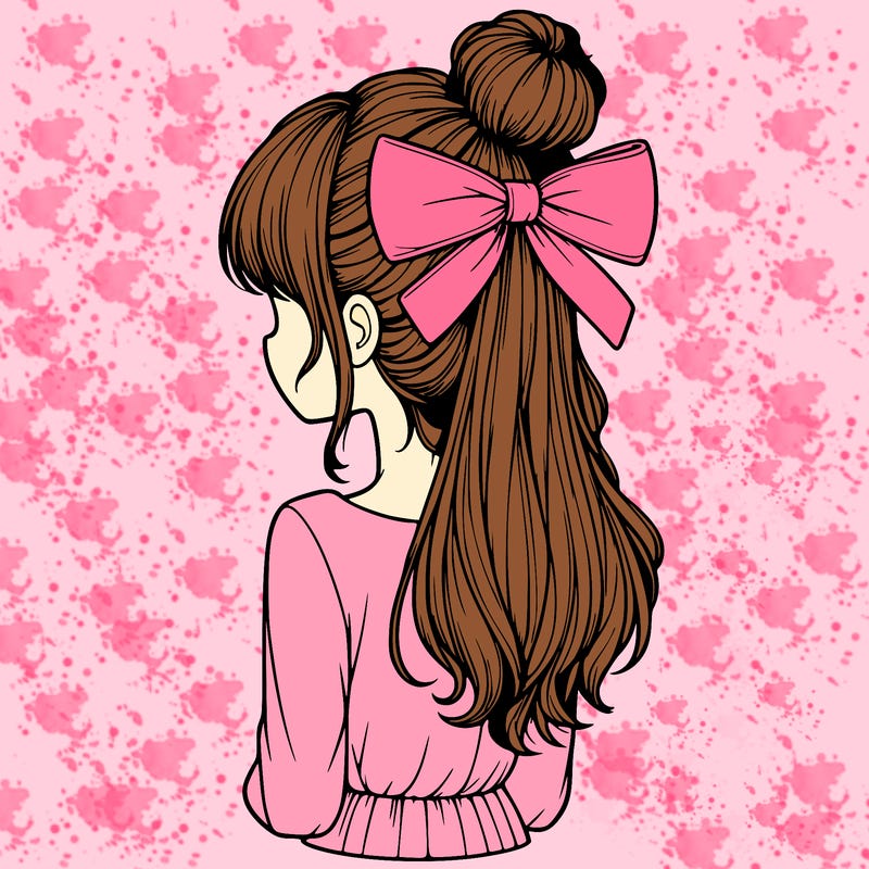 realistic girl  with hip length hair a bun and a big bow on the back of head