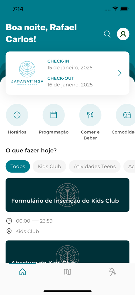 Amarante Hóteis - Amarante Hoteis app home screen showing resort reservation details and activity icons