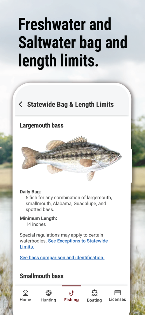 Texas Outdoor Annual - Texas Outdoor Annual app screen showing largemouth bass fishing bag and length limits