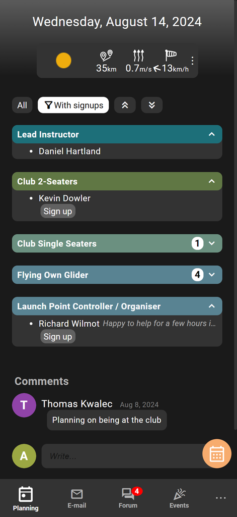 Click n' Glide - Mobile interface of Click n Glide app showing flight day coordination and member signups
