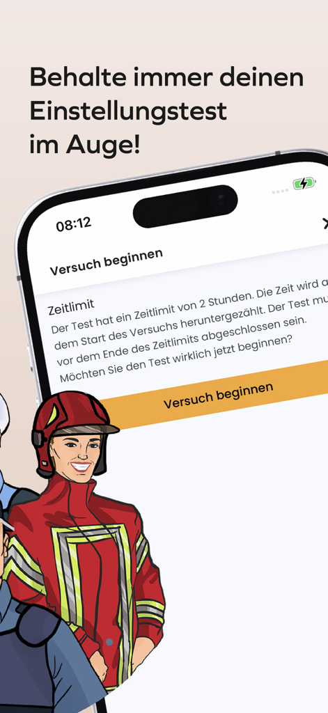 Plakos Prüfungstrainer - Smartphone screen showing the Plakos app interface for starting a recruitment test with illustrations of a firefighter and police officer