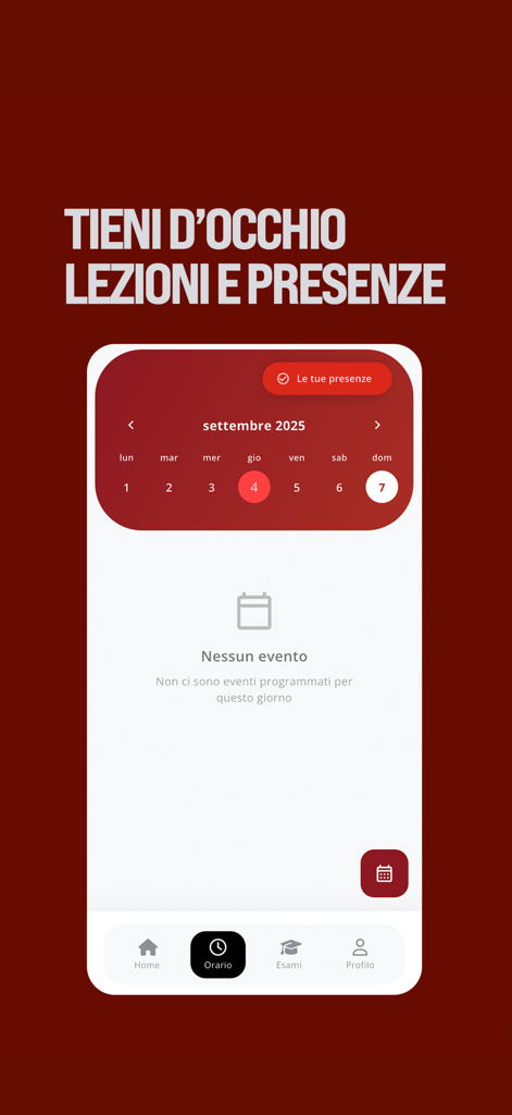 Studenti Roma - Interfaccia del calendario dell'orario delle lezioni e delle presenze nell'app mobile Studenti Roma.