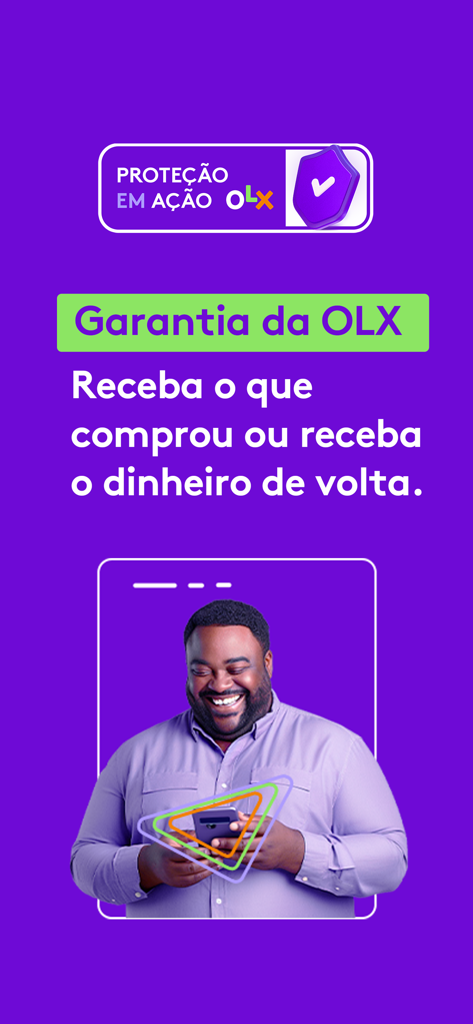 Tela do app OLX apresentando a Garantia OLX para compra e venda seguras com promessa de reembolso