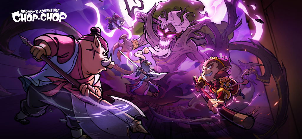 Nobody's Adventure Chop-Chop - Guerreros animales luchando contra un jefe árbol demoníaco morado gigante en Nobodys Adventure Chop Chop