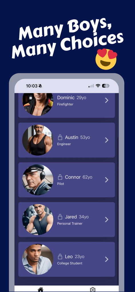 Un menú de diferentes personajes masculinos de IA con diversas profesiones y edades en la aplicación AI Boyfriend.