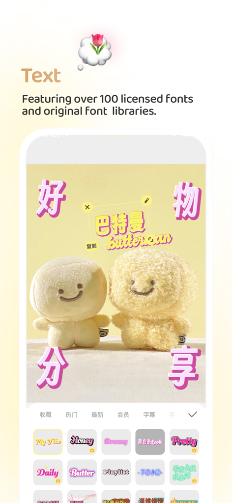 L'interface de l'application Buttercam propose une vaste bibliothèque de polices décoratives et de styles de texte sur une jolie photo.