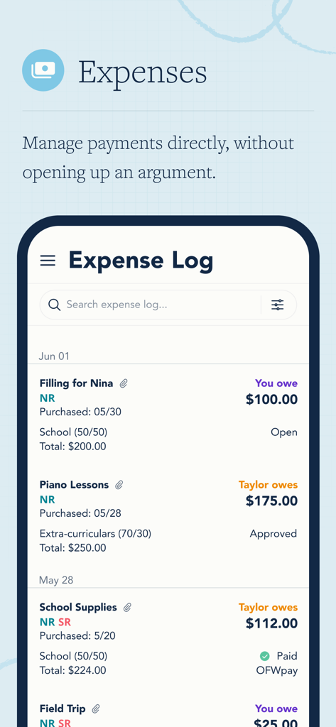OurFamilyWizard Co-Parent App - Schermata dell'app OurFamilyWizard che mostra un registro delle spese condivise per tracciare i costi della co-genitorialità.
