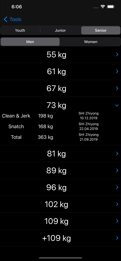 Weightlifting Toolkit - Mobile app screen showing Olympic weightlifting world records for men by weight class