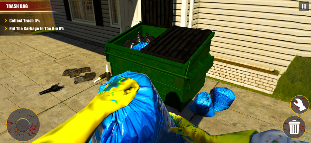 Criminal Scene Cleaner Game - Perspectiva en primera persona de un jugador limpiando una escena del crimen al depositar bolsas de basura en un contenedor